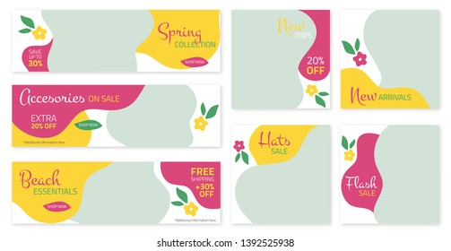 Cool floral design set for fashion sale promotion on social media, website and flyers. Flat graphic design template. Web template. Web banners. Flyer design. 