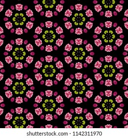 cool floral repeating pattern of pink, purple flowers and green leaves in symmetrical circular repeating design for textile, fabric, backdrop and wallpaper. pattern swatch included in the eps file
