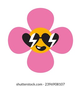 Cool flower in heart-shaped sunglasses, vintage groovy character. Trendy modern vector illustration isolated on white background, hand drawn, flat design