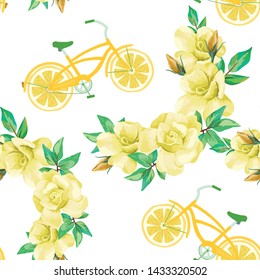 Cool flowers roses and creative bicycle with lemon wheels white background. Seamless trendy wallpaper