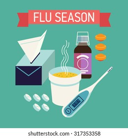 Cool Flu And Cold Season Web Background Or Graphic Design Illustration With Tissue Box, Hot Beverage, Thermometer, Cough Syrup And Candies, Pills In Trendy Flat Design 