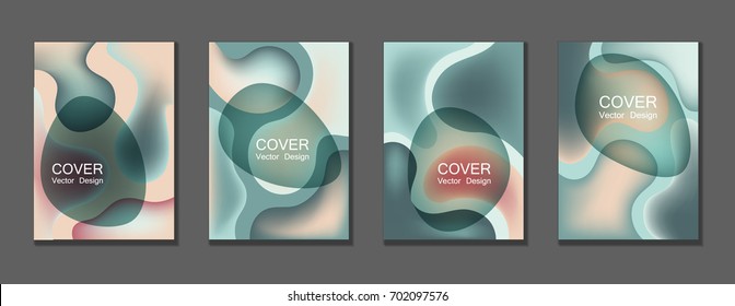 Cool fluid colors cover page layout backgrounds set. Bubble fluid shapes with gradients. Trendy minimal A4 design for scientific cover, educational chemistry poster. Hipster futuristic vector.