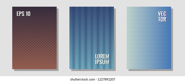 Cool flyers set, vector halftone poster backgrounds. Trendy magazines. Zigzag halftone lines wave stripes backdrops. Divergent maquettes. Geometric lines shapes patterns set for flyer design.