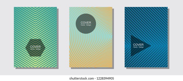 Cool flyers set, vector halftone poster backgrounds. Divergent maquettes. Halftone lines music poster background. Modern orange blue green branding. Geometric lines shapes patterns set flyers design.