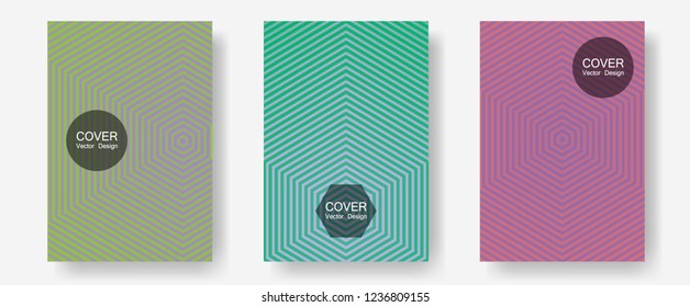 Cool flyers set, vector halftone poster backgrounds. Futuristic style. Halftone lines annual report templates. Educational green purple notepads. Geometric lines shapes patterns set for flyer design.