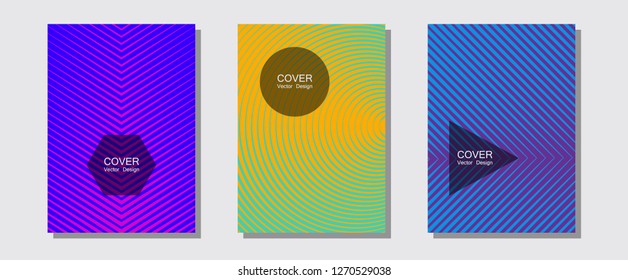 Cool flyers set, vector halftone poster backgrounds. Presentation backdrops. Halftone lines music poster background. Simple book covers. Geometric lines shapes patterns set for flyer design.