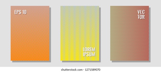 Cool flyers set, vector halftone poster backgrounds. Dynamic retro fashion. Zigzag halftone lines wave stripes backdrops. Modern branding. Geometric lines shapes patterns set for flyer design.