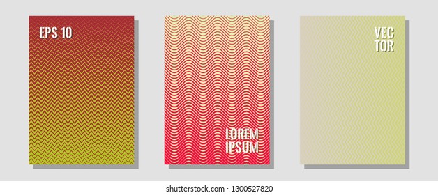 Cool flyers set, vector halftone poster backgrounds. Divergent maquettes. Zigzag halftone lines wave stripes backdrops. Corporate catalogs. Geometric lines shapes patterns set for flyer design.