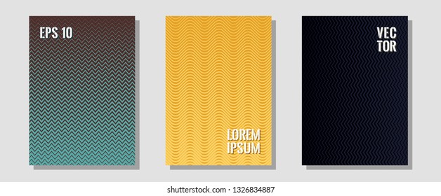 Cool flyers set, vector halftone poster backgrounds. Digital collection. Zigzag halftone lines wave stripes backdrops. 2d grid composition. Geometric lines shapes patterns set for flyer design.