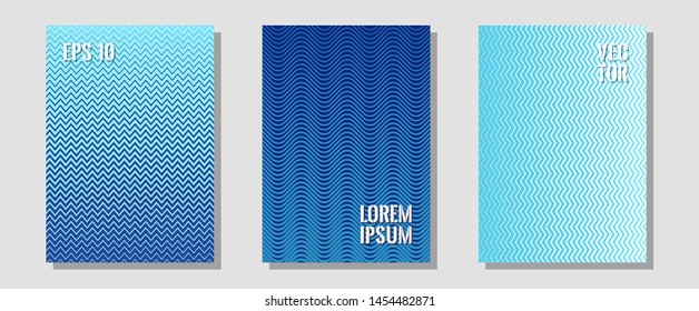 Cool flyers set, vector halftone poster backgrounds. Musical album adverts. Zigzag halftone lines wave stripes backdrops. Simple book covers. Geometric lines shapes patterns set for flyer design.
