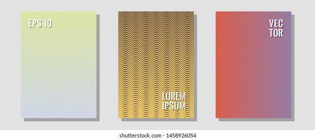 Cool flyers set, vector halftone poster backgrounds. Minimal booklets. Zigzag halftone lines wave stripes backdrops. Divergent maquettes. Geometric lines shapes patterns set for flyer design.