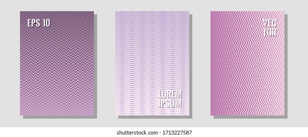 Cool flyers set, vector halftone poster backgrounds. Trendy magazines. Zigzag halftone lines wave stripes backdrops. Laconic nifty mockups. Geometric lines shapes patterns set for flyer design.