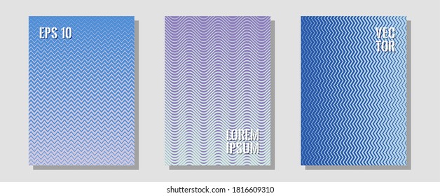Cool flyers set, vector halftone poster backgrounds. Trendy magazines. Zigzag halftone lines wave stripes backdrops. 2d grid composition. Geometric lines shapes patterns set for flyer design.