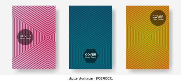 Cool flyers set, vector halftone poster backgrounds. Educational notepads. Halftone lines annual report templates. Minimal booklets. Geometric lines shapes patterns set for flyer design.