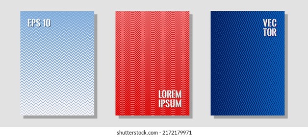 Cool flyers set, vector halftone poster backgrounds. Futuristic style. Zigzag halftone lines wave stripes backdrops. Brand identity elements. Geometric lines shapes patterns set for flyer design.