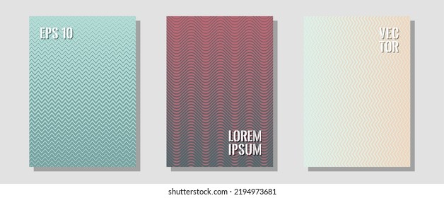 Cool flyers set, vector halftone poster backgrounds. Brand identity elements. Zigzag halftone lines wave stripes backdrops. Trendy magazines. Geometric lines shapes patterns set for flyer design.