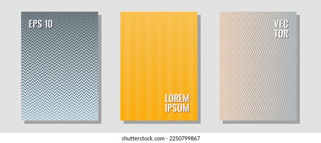 Cool flyers set, vector halftone poster backgrounds. Trendy magazines. Zigzag halftone lines wave stripes backdrops. Contemporary collection. Geometric lines shapes patterns set for flyer design.