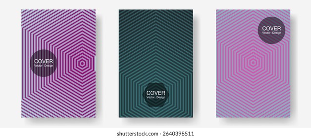 Cool flyers set, vector halftone poster backgrounds. Contemporary collection. Halftone lines annual report templates. Music placards. Geometric lines shapes patterns set for flyer design.