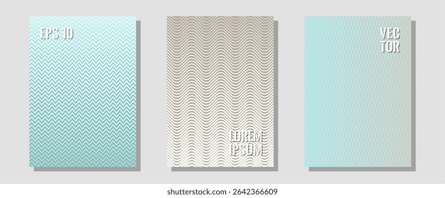 Cool flyers set, vector halftone poster backgrounds. Elegant patchy mockups. Zigzag halftone lines wave stripes backdrops. Futuristic style. Geometric lines shapes patterns set for flyer design.