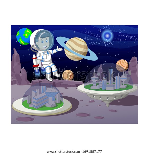Cool Flying Astronaut Man in Moon\
Surface With Other Planets in Background\
Cartoon