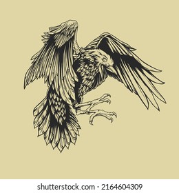 Cool Flying Crow Line Art Illustration Design