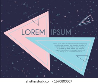 Cool flying triangles geometric banner vector design. Poster or flyer template with geometric confetti - triangles, circles, squares, cross, zigzag shapes. Banner composition with text place.