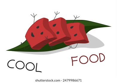 Cool food isolated design element doodle of byte size slices of tuna or anything else on a green helthy leaf. Funny cute faces