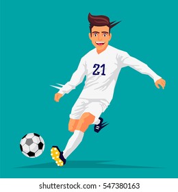 Cool football player in white form. Vector illustration on blue background. Sports concept.