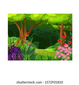 Cool Forest View With Hill, Trees, And Tropical Cartoon Set for your design