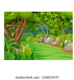 Cool Forest View With Trees And Rocks Cartoon for your design