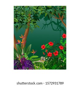 Cool Forest View With Tropical Plants Cartoon Set for your design