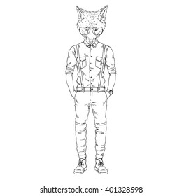 cool fox hipster, furry art illustration, fashion animal