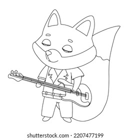 Cool fox in jacket and jeans plays bass guitar. Animal bear in cap isolated on white. Vector outline illustration for coloring book