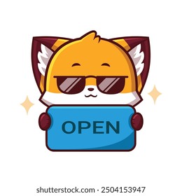 Cool Fox Mascota sosteniendo signo abierto