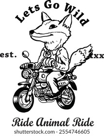cool fox riding a small motor cycle in black and white line art hand drawn illustration
