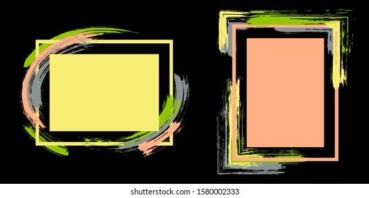 Cool frames with paint brush strokes vector set. Box borders with painted brushstrokes on black. Advertising graphics design flat frame templates for banners, flyers, posters, cards.