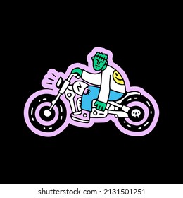 Cool Frankenstein riding motorbike, illustration for t-shirt, sticker, or apparel merchandise. With doodle, retro, and cartoon style.