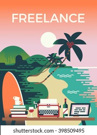 Cool Freelance vector concept illustration with copywriter workplace on beach resort. Work and travel. Work at beach. Creative workplace at exotic beach resort background