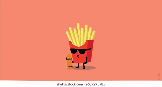 cool french fries cartoon character with skateboard