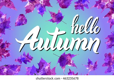 Cool fresh blue Hello Autumn design with elegant white text and bunches of orange fall leaves over a graduated blue background with glow effect, vector illustration art