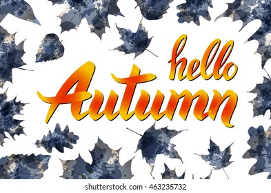 Cool fresh blue Hello Autumn design with elegant white text and bunches of orange fall leaves over a graduated blue background with glow effect, vector illustration art