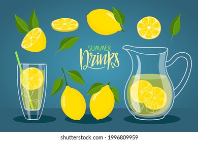 Cool fresh lemonade in glass pitcher and glass. Vessel with lemonade and lemons. Summer drink lettering. Cold detox water with lemon for cafe or restaurant menu, summer party, beverage template