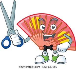 Cool friendly barber red chinese folding fan cartoon character style