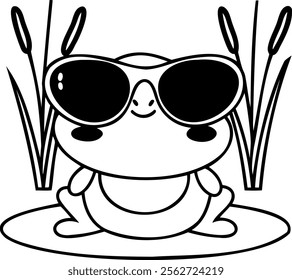 Cool frog wearing sunglasses, sitting on lily pad among reeds