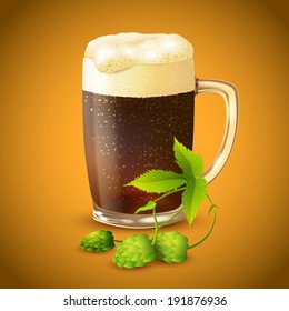 Cool frosty glass mug of cold dark beer with foam and hop branch background vector illustration