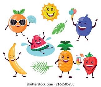 Cool fruits in summer. Sun, plum, watermelon, strawberry, orange, banana and pineapple. Vector illustration.