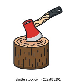 Cool full color with lines axe stuck in wood vector icon. Chop wood and stump for fireplace concept flat icon design. 