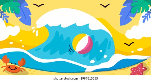 Cool Fun Beach And Waves Doodle Illustration Vector