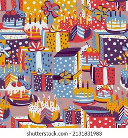 Cool fun festive vector pattern with hand drawn gift boxes and cakes. Surprises and desserts. Background for a holiday birthday, wedding or relationship anniversary, children's parties