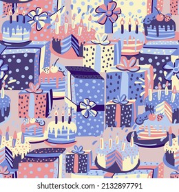 Cool fun festive vector pattern with hand drawn gift boxes and cakes. Surprises and desserts. Background for a holiday birthday, wedding or relationship anniversary, children's parties